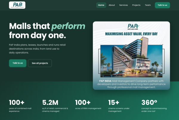 The PAP India homepage — dark green hero with the headline 'Malls that perform from day one' beside a mall rendering.